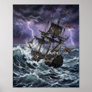 Affiche Navire de Galleon Dramatique Tempête Océanique Écl