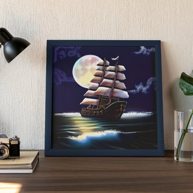 Affiche Navire illuminé sur l'océan sous la lune (Créateur téléchargé)