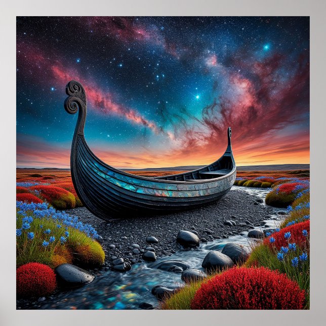 Affiche Navire long Viking sur un paysage vibrant (Devant)