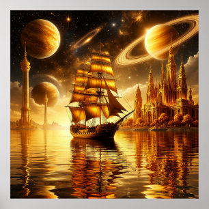 Affiche Navire majestueux à voiles sous un ciel doré