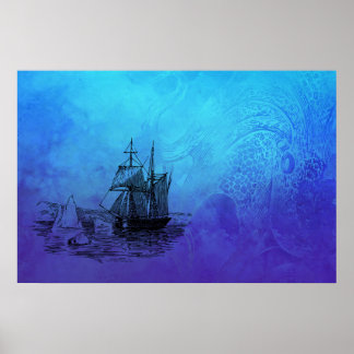 Affiche Navire nautique et pieuvre