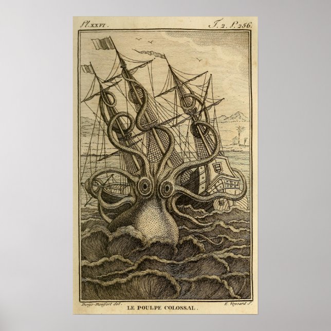 Affiche Navire vintage Kraken Giant Squid Sea Monster (Devant)
