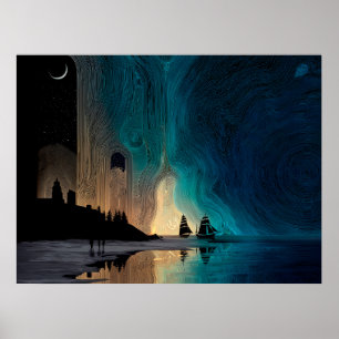 Affiche Navires sous le croissant de lune et aurores boréa