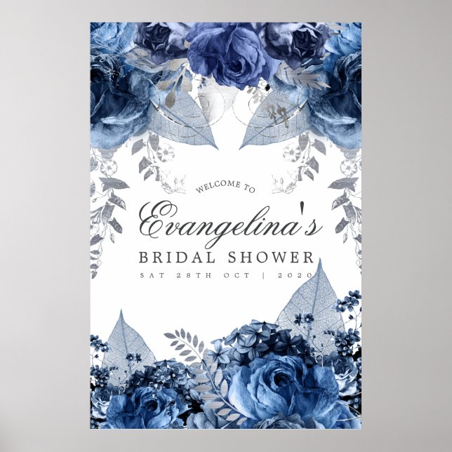 Affiche Navy & Blanc et Accueil de Fête de Mariage en Feui (Devant)