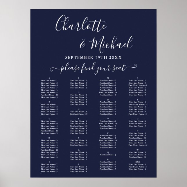 Affiche Navy Blue Alphabetical Wedding Seating Chart (Devant)
