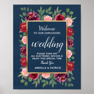 Affiche Navy Blue Burgundy Gold Unplugged Wedding Sign