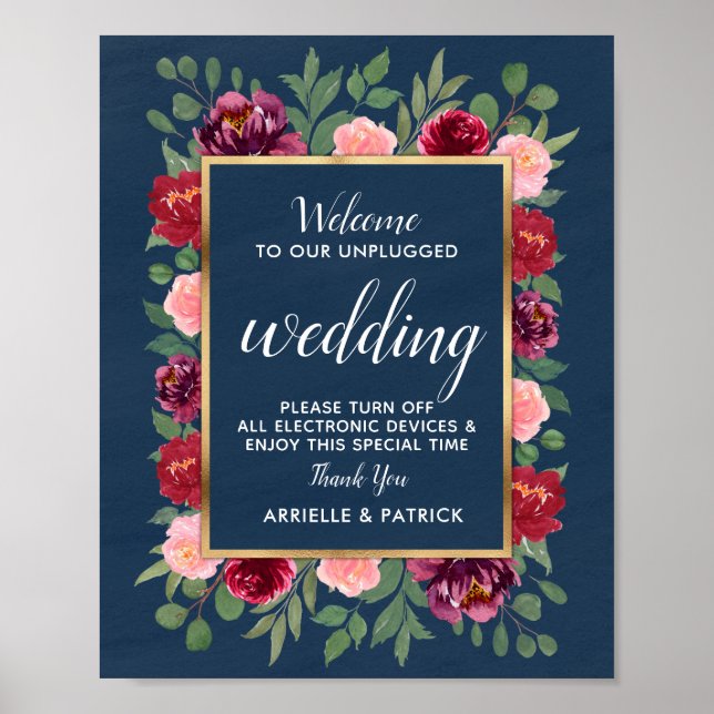 Affiche Navy Blue Burgundy Gold Unplugged Wedding Sign (Devant)