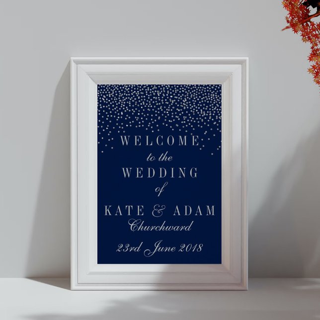Affiche Navy Blue et Glam Silver Confeti Wedding Welcome (Créateur téléchargé)