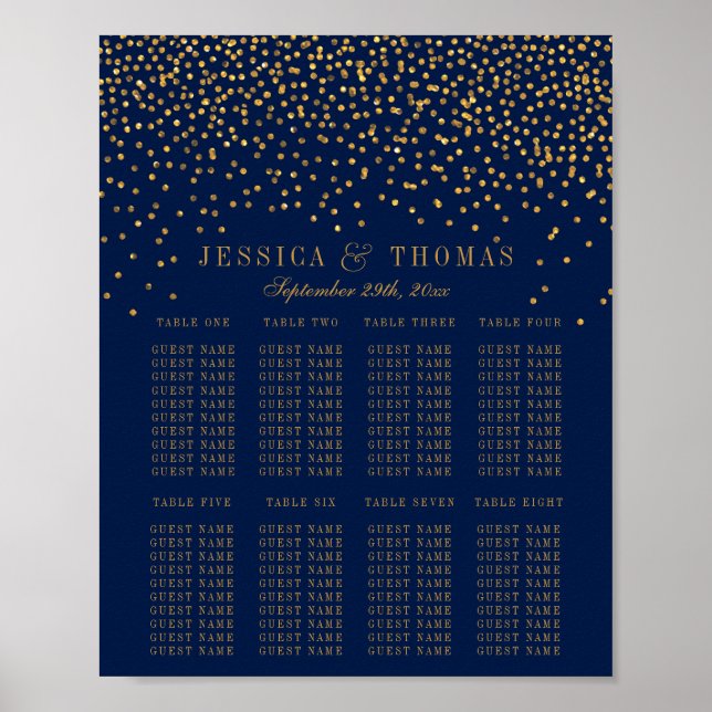 Affiche Navy Blue & Glam Gold Confetti Mariage Places (Devant)