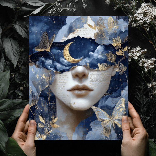 Affiche Navy Blue Gold Fantasy Surreal Moon Woman Wall Art (Créateur téléchargé)