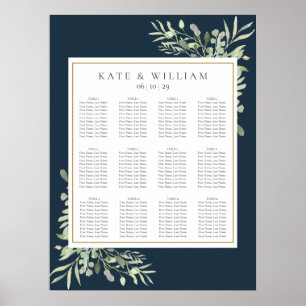 Affiche Navy Blue Gold Greenery Wedding Seating Chart