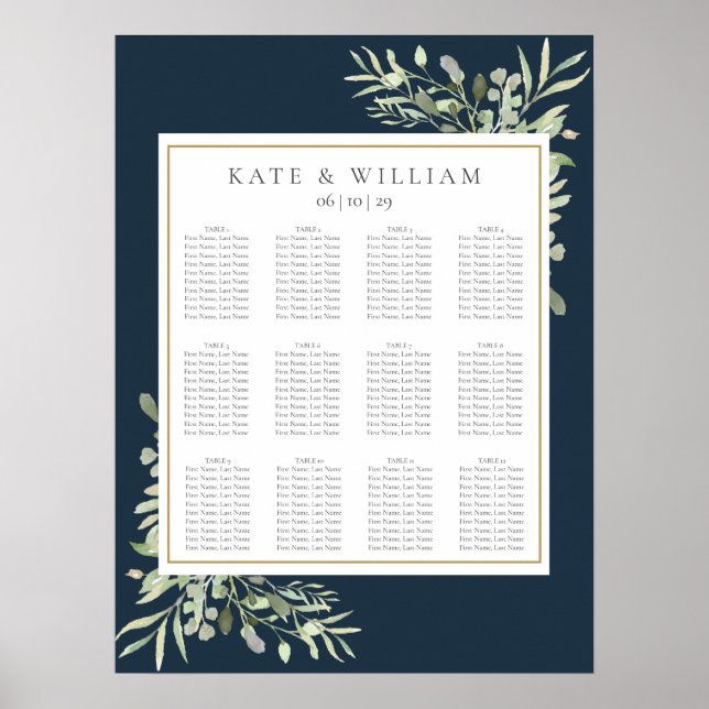 Affiche Navy Blue Gold Greenery Wedding Seating Chart (Devant)