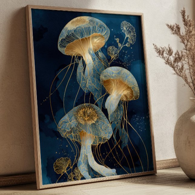Affiche Navy Blue& Gold Jellyfish Kintsugi Ink Art Ocean (Créateur téléchargé)