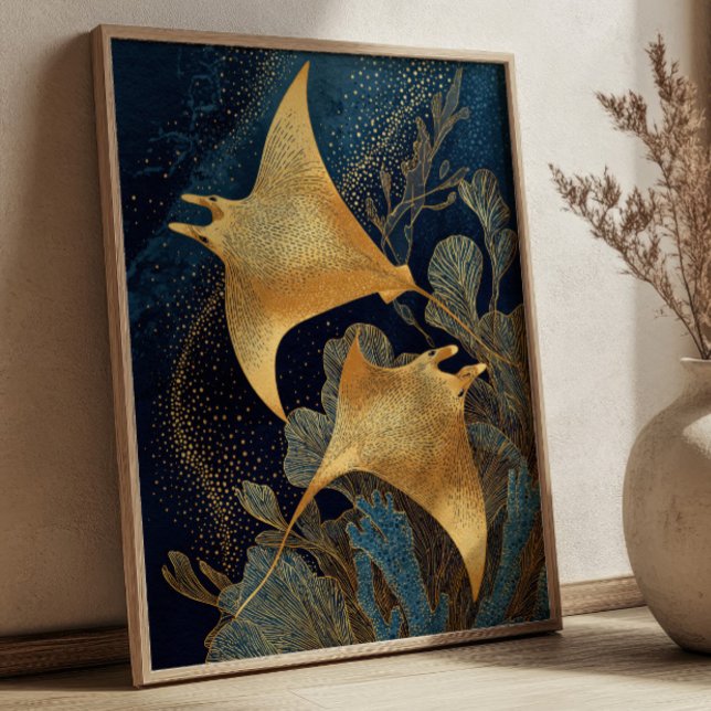 Affiche Navy Blue& Gold Manta Rays Elegant Kintsugi Art (Créateur téléchargé)