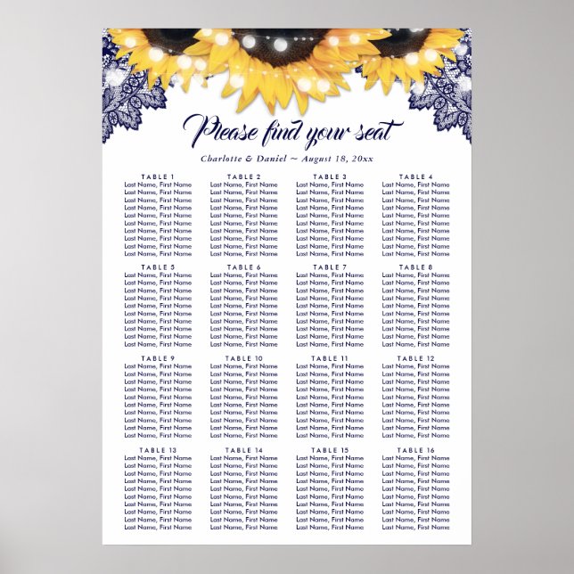 Affiche Navy Blue Lace Sunflower Wedding Seating Chart 16 (Devant)