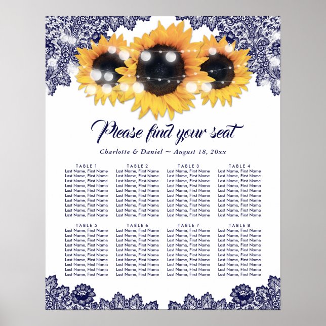 Affiche Navy Blue Lace Sunflower Wedding Seating Chart 8 (Devant)