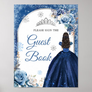 Affiche Navy Blue Magic Snowflake Quinceañera Guest Book