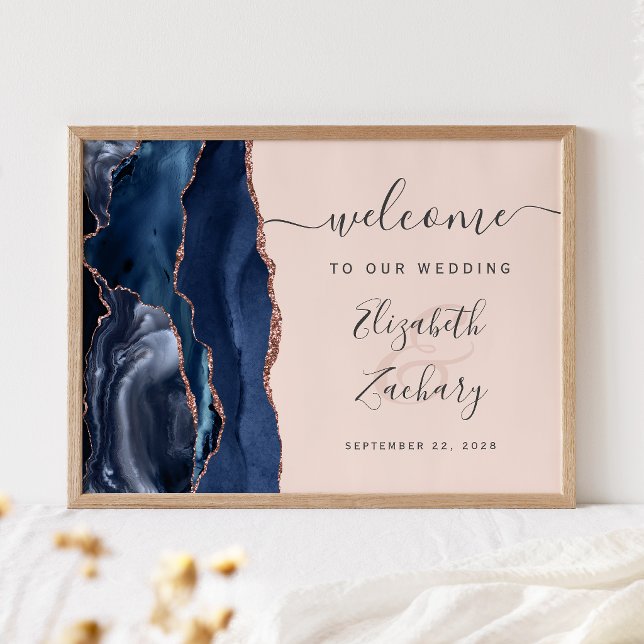 Affiche Navy Blue Rose Gold Agate Blush Wedding Welcome (Créateur téléchargé)