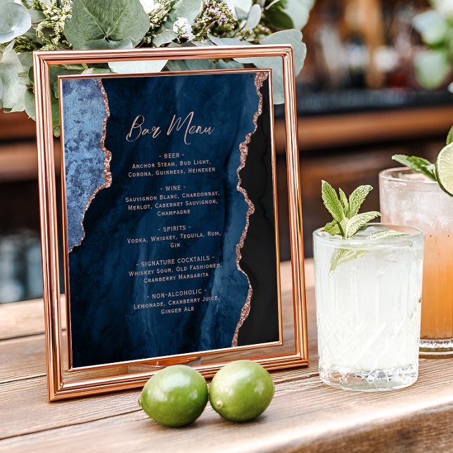 Affiche Navy Blue Rose Gold Agate Script Wedding Bar Menu  (Créateur téléchargé)