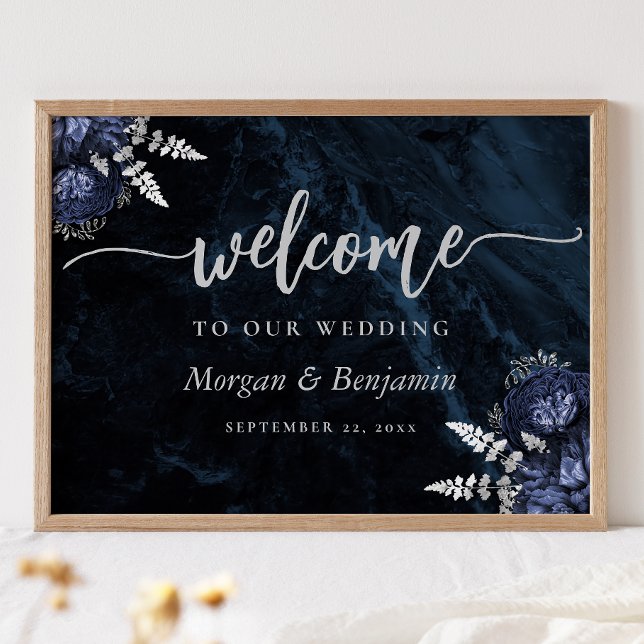 Affiche Navy Blue Silver Floral Wedding Welcome (Créateur téléchargé)