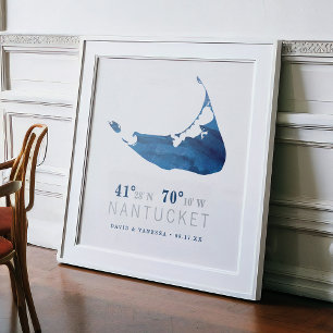Affiche Navy Blue Watercolor Nantucket Map Coordinates
