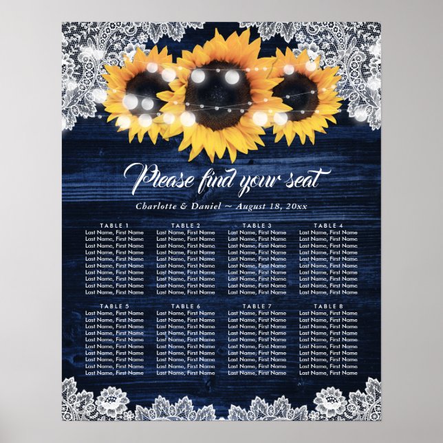 Affiche Navy Blue Wood Lace Sunflower Rustic Seating Chart (Devant)