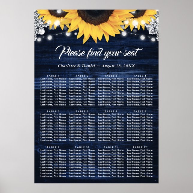 Affiche Navy Blue Wood Sunflower Wedding Seating Chart 12 (Devant)