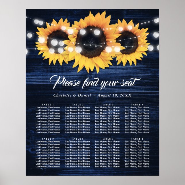 Affiche Navy Blue Wood Sunflower Wedding Seating Chart 8 (Devant)