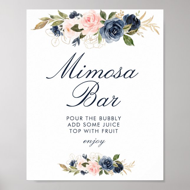 Affiche navy & blush flowers bridal shower mimosa bar sign (Devant)