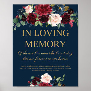 Affiche Navy burgundy blush floral in loving memory sign