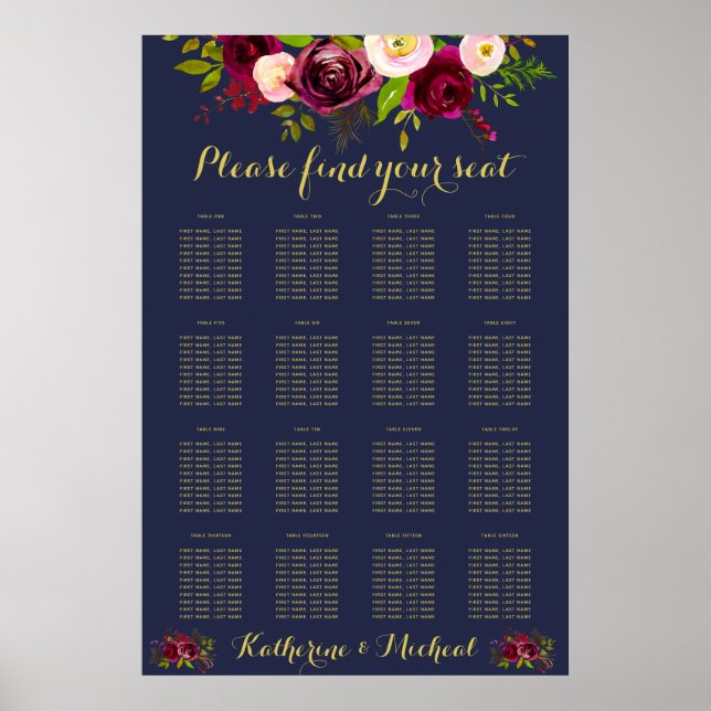 Affiche Navy Burgundy Floral Wedding Seating Chart (Devant)