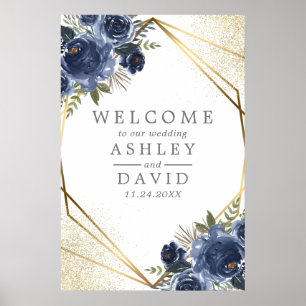 Affiche Navy Fleurs Aquarelle Florale Mariage Bienvenue