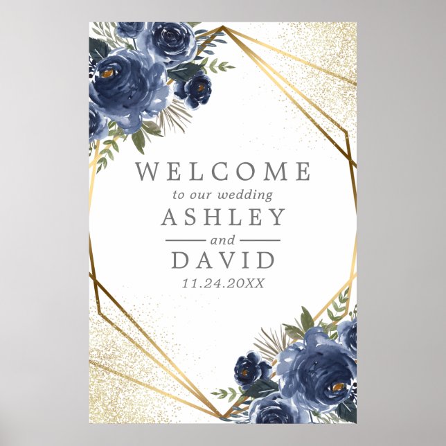Affiche Navy Fleurs Aquarelle Florale Mariage Bienvenue (Devant)