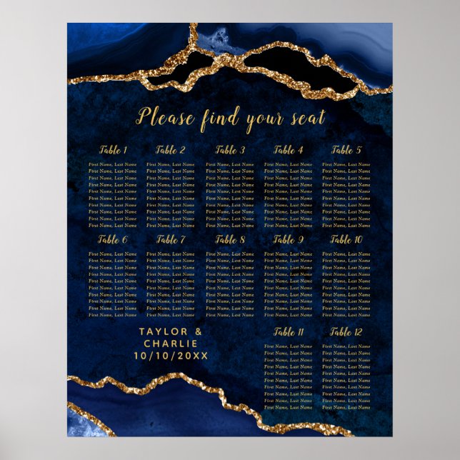 Affiche Navy Gold Agate Wedding Seating Chart 12 Table (Devant)