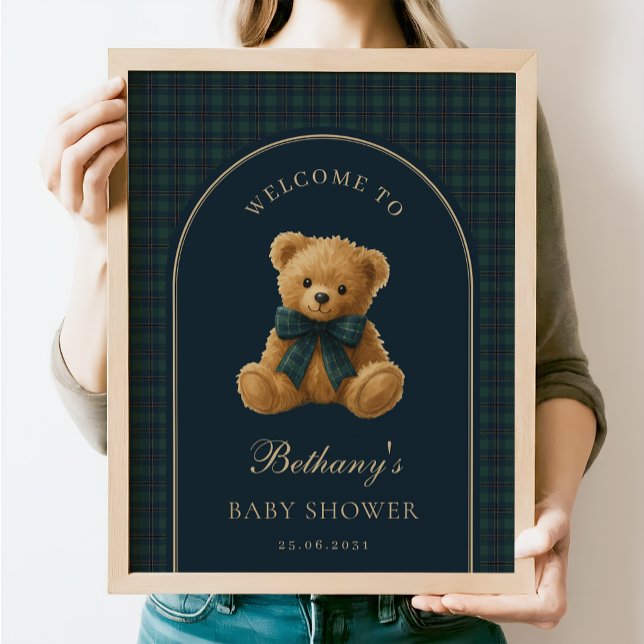Affiche Navy Green Plaid Teddy Bear Baby Shower Welcome (Créateur téléchargé)