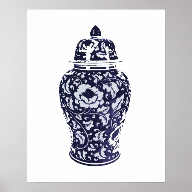 Affiche Navy Indigo Blue Pretty Floral Ginger Jar Vase (Devant)