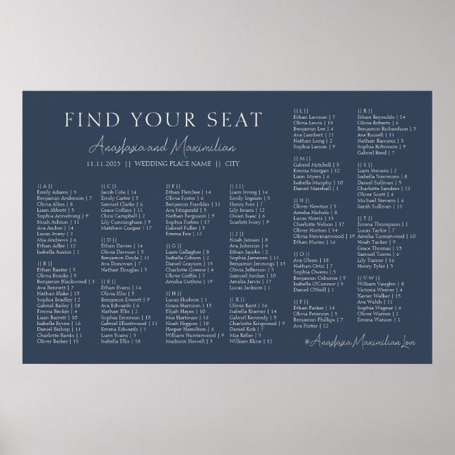 Affiche Navy Modern Wedding Alphabetical Seating Chart (Devant)