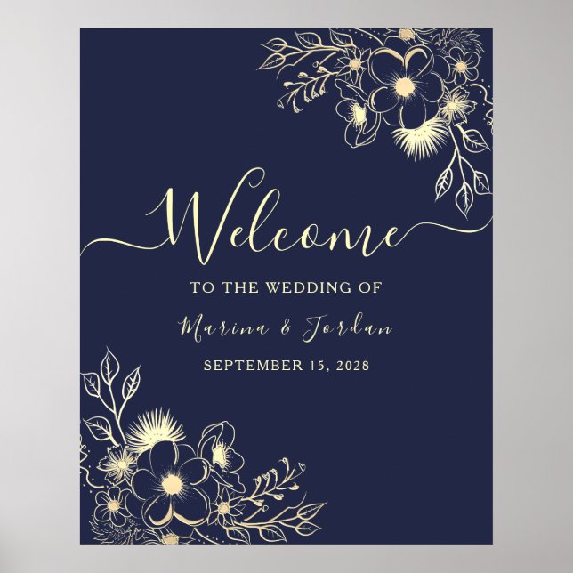 Affiche Navy Or Floral Mariage Bienvenue (Devant)