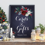 Affiche Navy Red Winter Peonies Cards and Wedding Sign<br><div class="desc">Cards and gifts wedding sign with watercolor floral bouquet in trendy winter red burgundy and white peony roses with pine green seasonal fir branches,  red berries and foliage over a dark midnight navy blue chalkboard.                Perfect for an elegant rustic winter seasonal / Christmas floral wedding.</div>