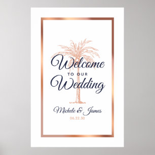 Affiche Navy Rose Gold Arbre de Palmier Mariage Bienvenue