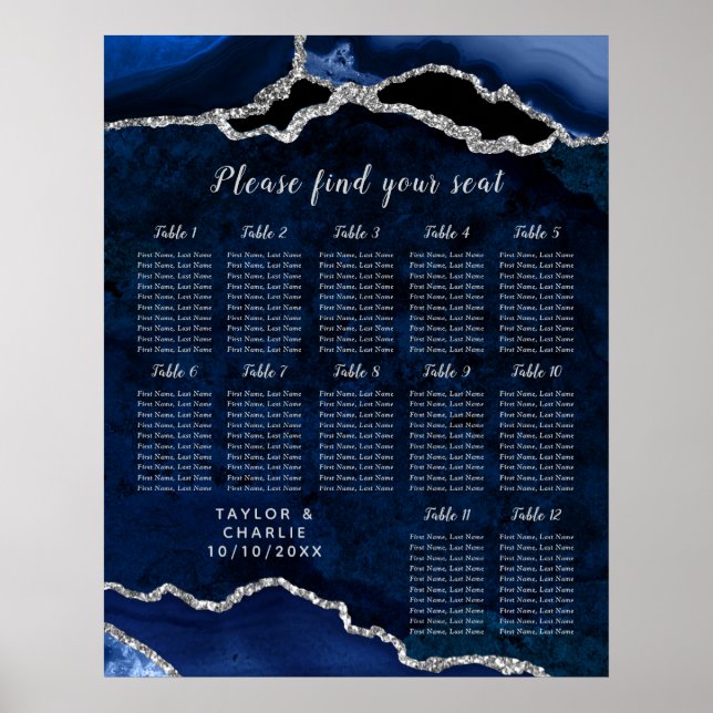Affiche Navy Silver Agate Wedding Seating Chart 12 Table (Devant)