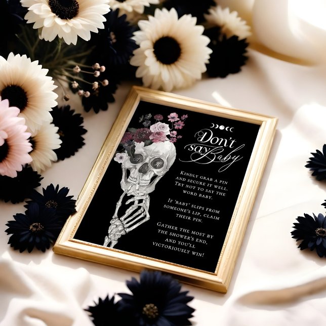 Affiche Ne dites pas bébé gothique Baby shower crâne flora (Don't Say Baby Gothic Floral Skull Baby Shower Poster)