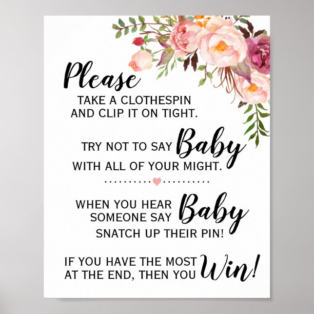 Affiche Ne dites pas bébé jeu baby shower fleurs roses sig (Devant)