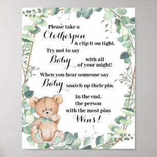 Affiche Ne pas dire Baby Greenery Bear Gold Baby shower je