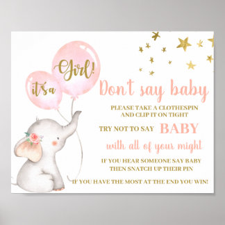 Affiche Ne pas dire Baby shower fille rose éléphant signe