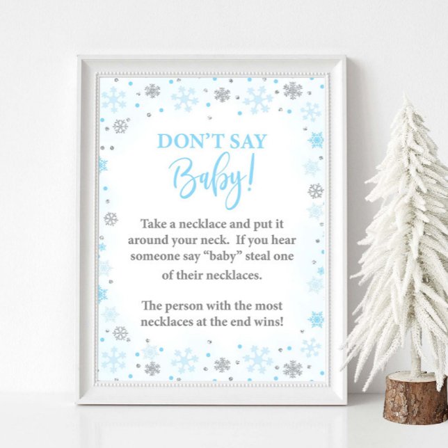 Affiche Ne pas dire Bébé Hiver Blue Douche Jeu Signe (Don't Say Baby Winter Baby Shower Game Sign, Blue & Silver Glitter Snowflakes, Necklace Version)