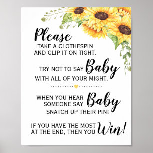 Affiche Ne pas dire bébé jeu baby shower signe tournesol