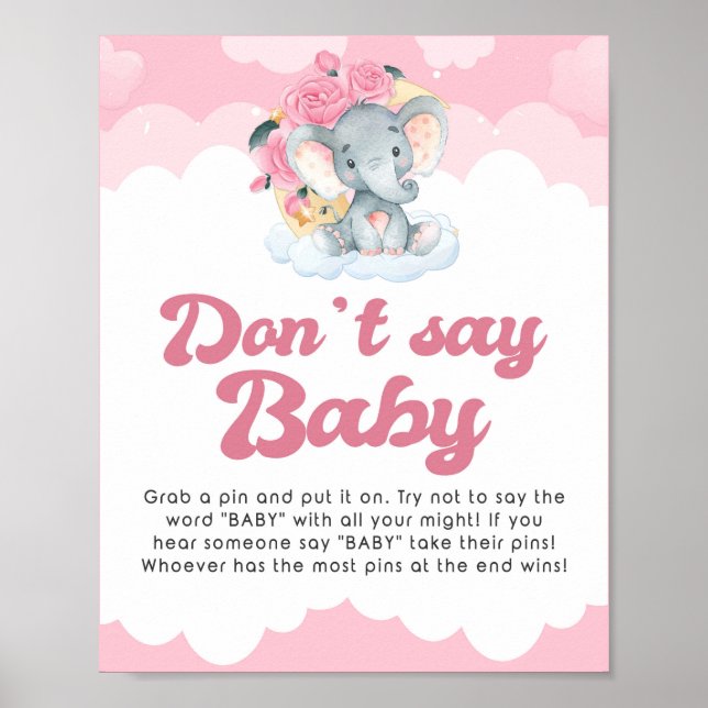 Affiche Ne pas dire bébé rose éléphant Baby shower Jeu Sig (Devant)