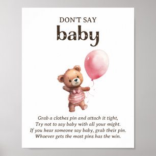 Affiche Ne pas dire bébé Teddy ours fille Baby shower jeu