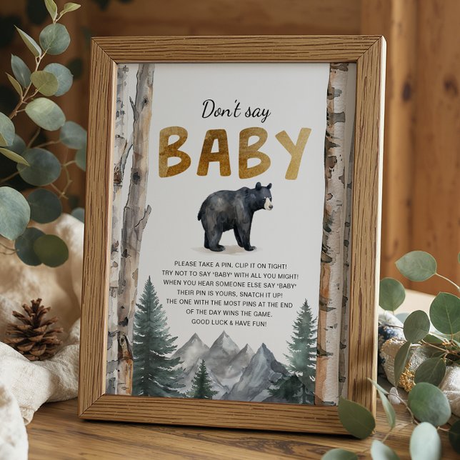 Affiche Ne pas dire jeu de bébé signe | Woodland Bear Adve (Don't Say Baby - Baby Shower Activity Sign)